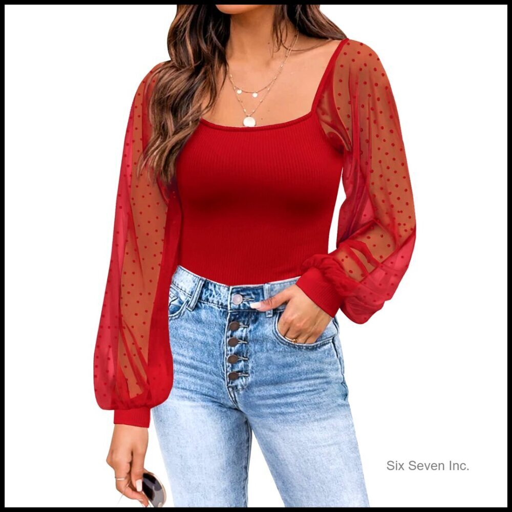 Mesh Long Sleeve Blouse Square Neck Puff Sleeve Swiss Dot See-Through Chic